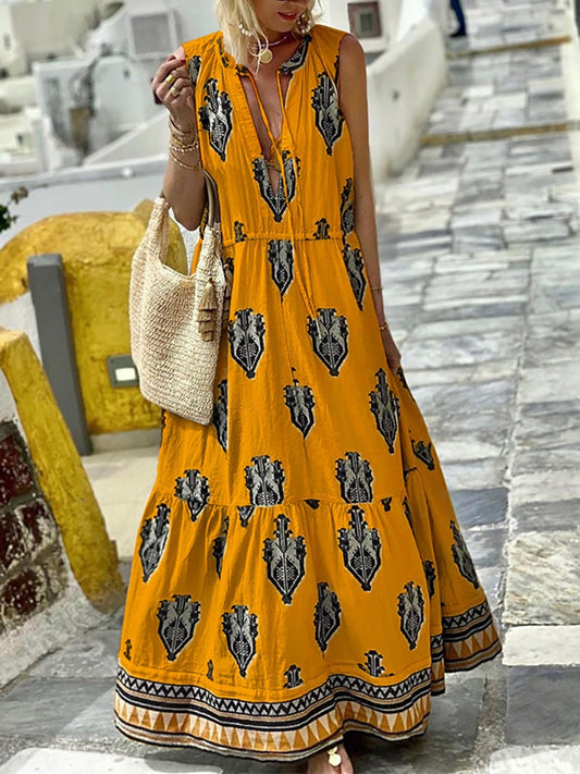 Print Beach Sundress Women Summer V Neck Sleeveless Maxi Dress