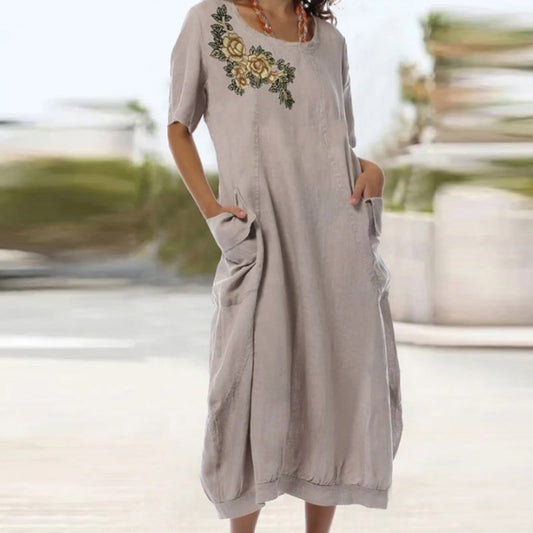 Women Elegant Short Sleeve Pocket Jacquard Flower Party Dress V-neck Cotton Linen Midi Dresses