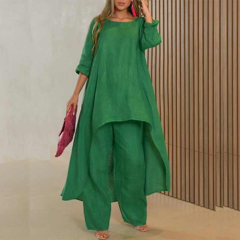 Women's Casual 2-Piece Solid Loose Suit with Long-Sleeve O-Neck Irregular Long Top and Straight Pants