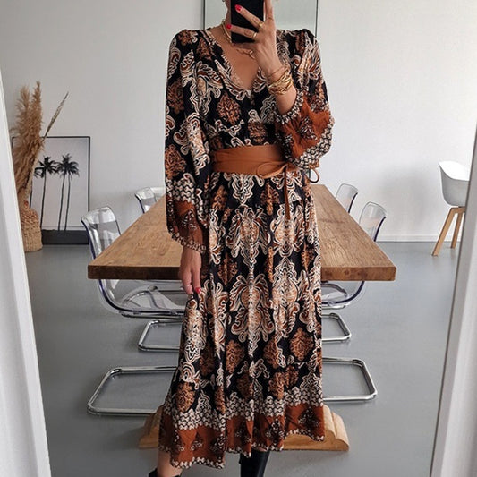 Women's Vintage Pattern Printed Dress with Long Sleeves, V-Neckline, Draped Design, and High Waist for a Casual and Loose-Fitting Fashionable Look