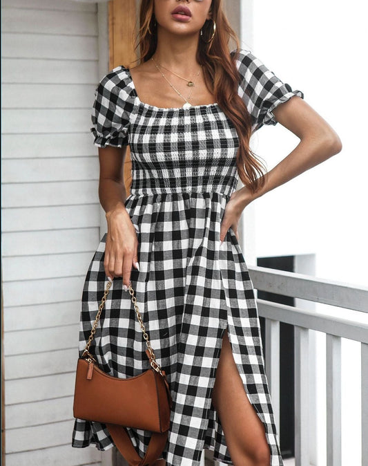 Puff Sleeve Dress Square Collar Plaid Print Casual Dress Women Black Backless Split Dresses