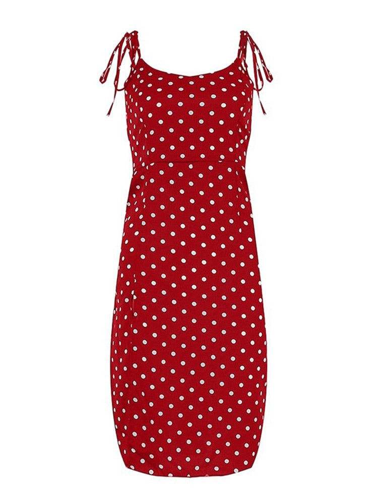 Women Causal Polka Dot Sleeveless High Pleated elastic waist V-Neck Beach Dress