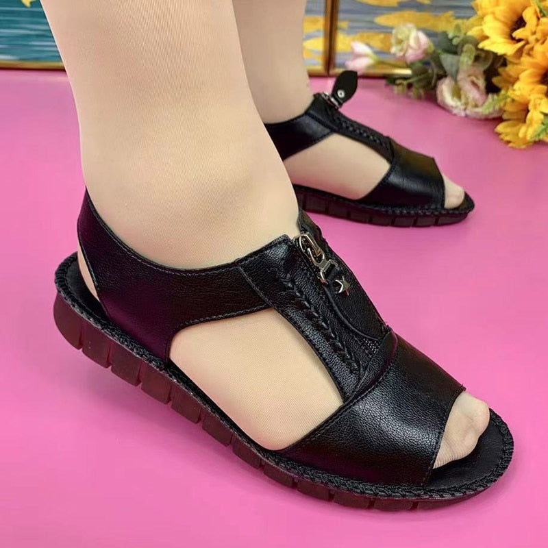 Women Sandals Pu Leather Comfort Mother Shoes Zipper Flat Sandals Casual Summer Footwear