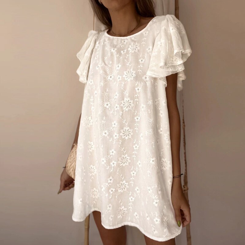 Women Ruffle Short Sleeve O-Neck Mini Dress Fashion White Embroidery Straight Dress