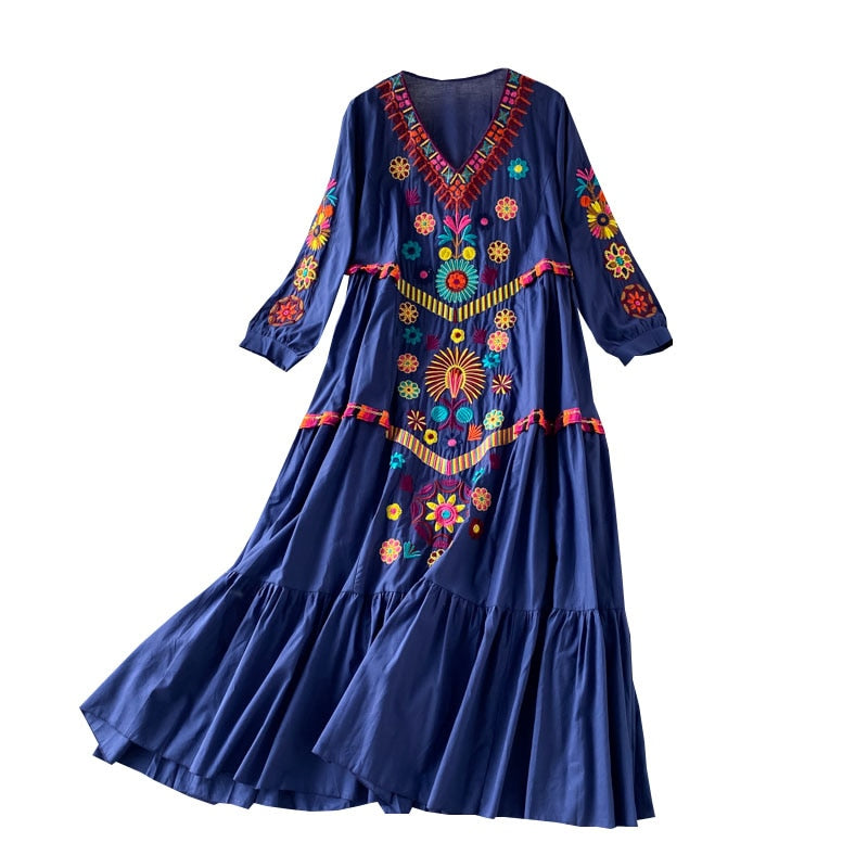 Women Floral Embroidery Beach Bohemian Mini Dress V-neck Cotton and Linen Boho Dresses