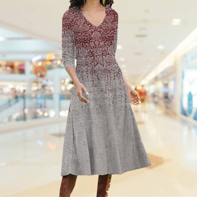 Women Print Long Party Dress O Neck Office Maxi Dresses Boho Lady Clothes