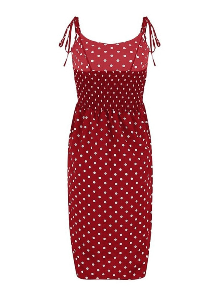 Women Causal Polka Dot Sleeveless High Pleated elastic waist V-Neck Beach Dress