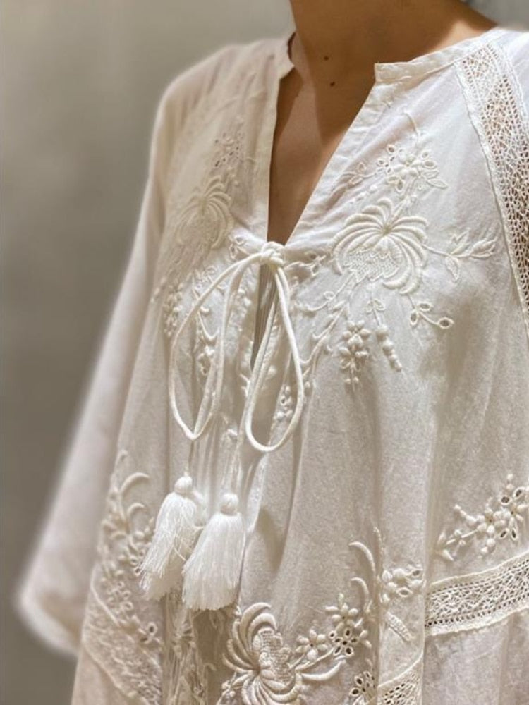 Women's Summer Dress White Lace V-Neck Long Beach Dress Elegant Dress