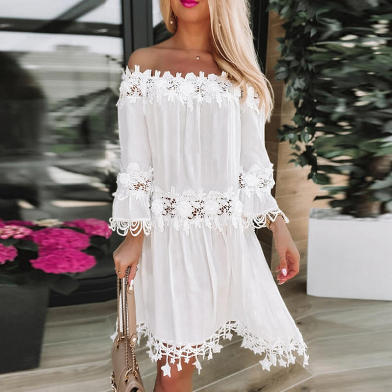 Women Elegant One Line Collar Flared Sleeve Mini Dress Summer Fashion White Embroidery Tassel Dress Casual Backless Loose Dress