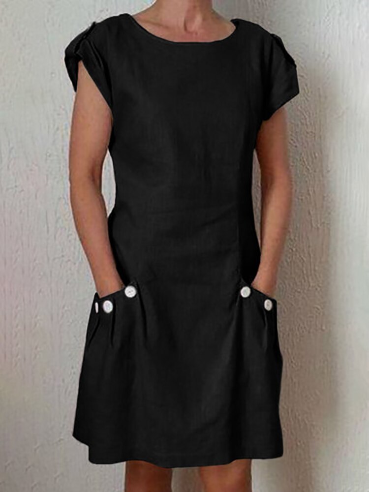 Women Solid Color Button Pocket Dress O Neck Short Sleeve Dress Lady Office Simple Loose A-Line Dresses