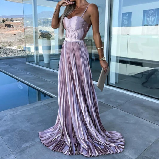 Women Sexy Off Shoulder Sleeveless Sling Long Dress Drawstring Evening Dress