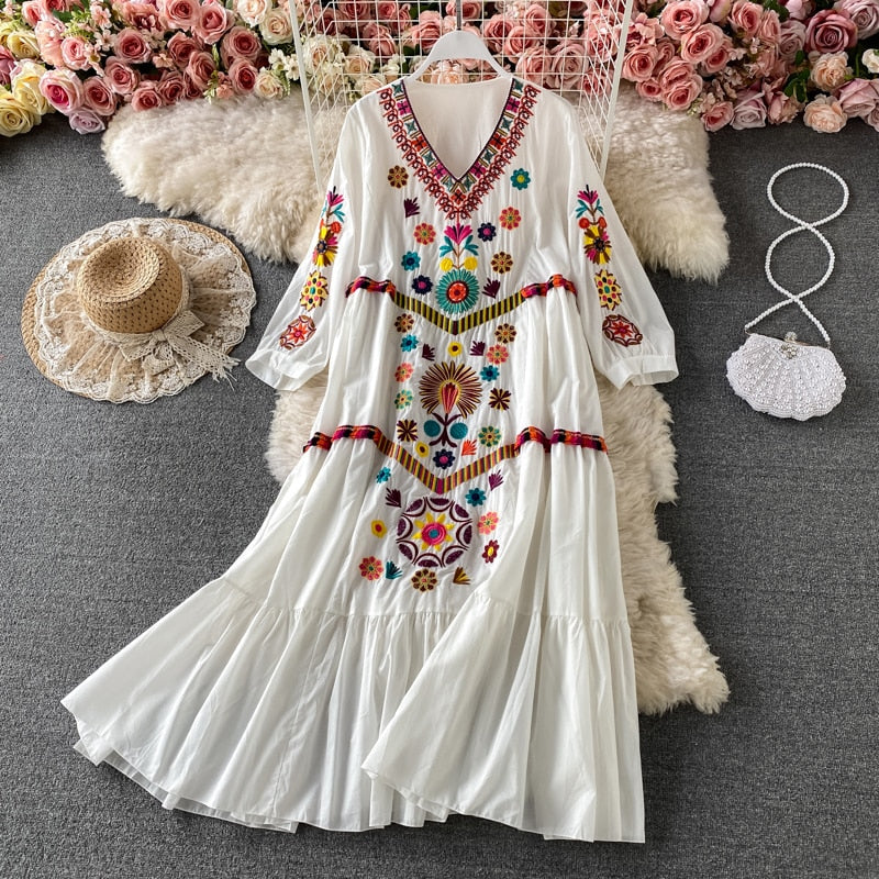 Women Floral Embroidery Beach Bohemian Mini Dress V-neck Cotton and Linen Boho Dresses