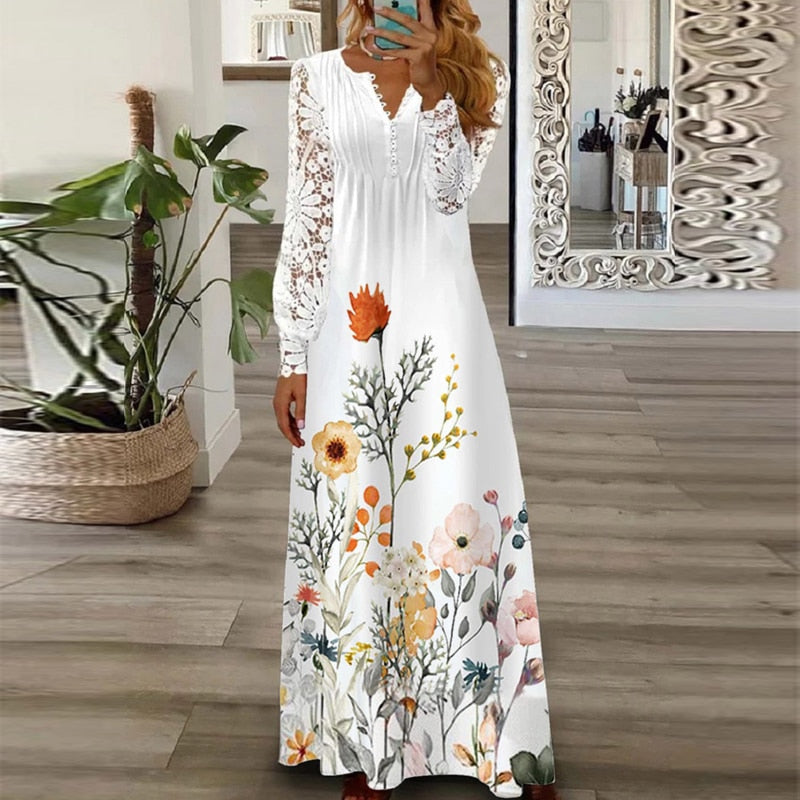 Women's Long Dress with Pattern Printing, Casual Style V-Neckline, Loose Fit