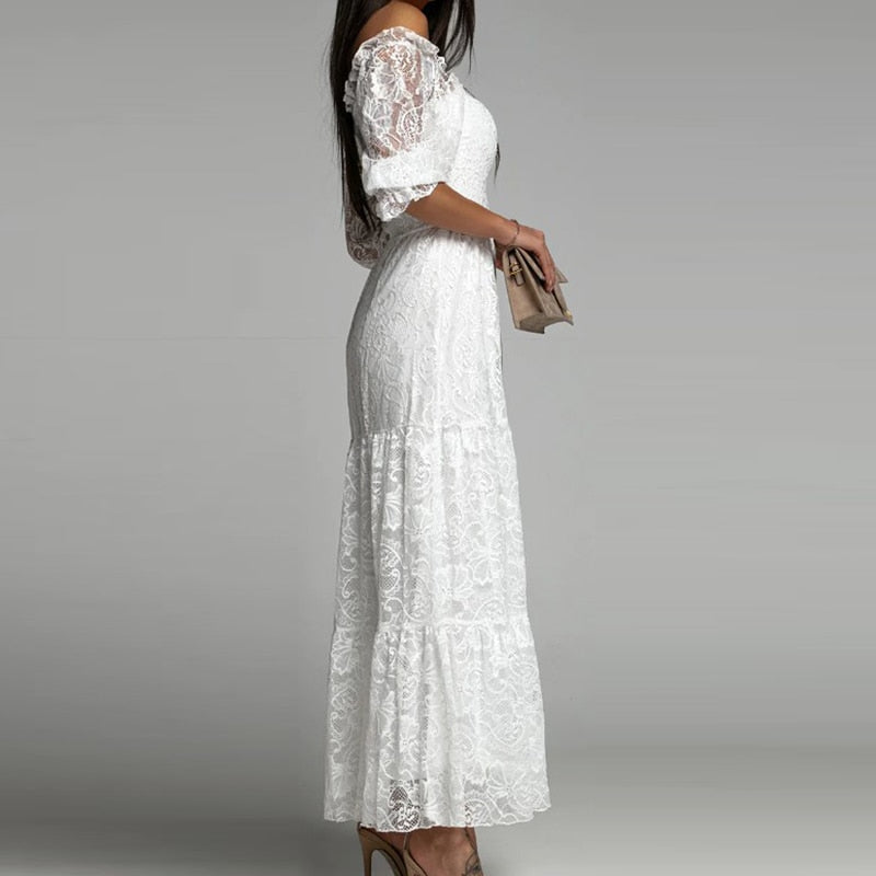 Women Elegant Half-sleeve One Piece Collar Dress Fashion White Lace Embroidery Ruffle Dress Ladies Casual Commuter Slim Dresses