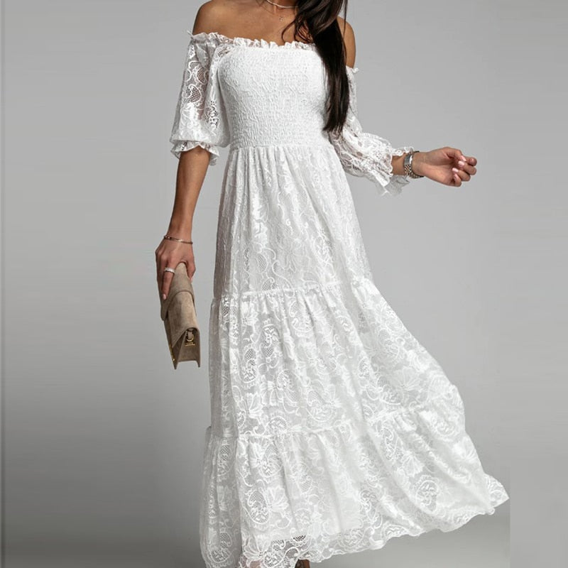 Women Elegant Half-sleeve One Piece Collar Dress Fashion White Lace Embroidery Ruffle Dress Ladies Casual Commuter Slim Dresses