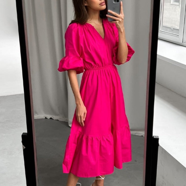 Womens Summer Mid Length Dress Puff Half Sleeve V-Neck Fashion Dress