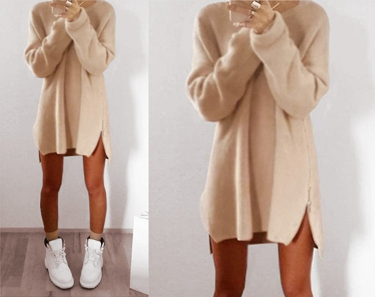 Women Long Sleeve Zippers Side Jumper Sweater Dress