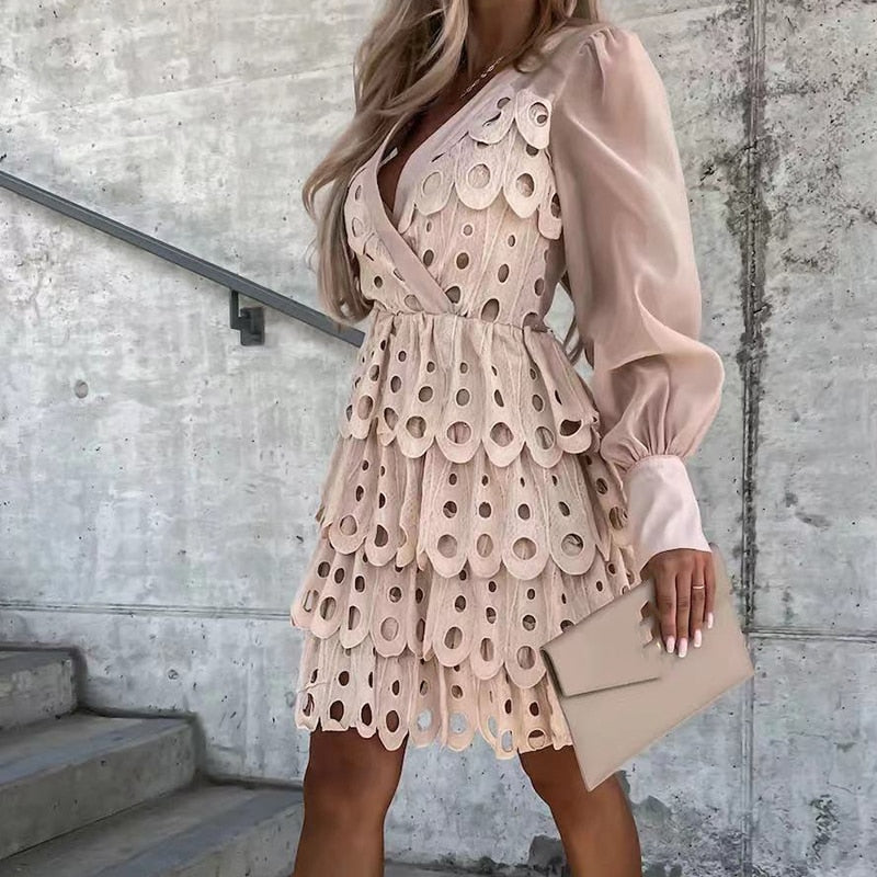 Women Lace Mini Dress Long Sleeve, V-Neck, Solid Color, Commuter Temperament, Loose Fit Dress