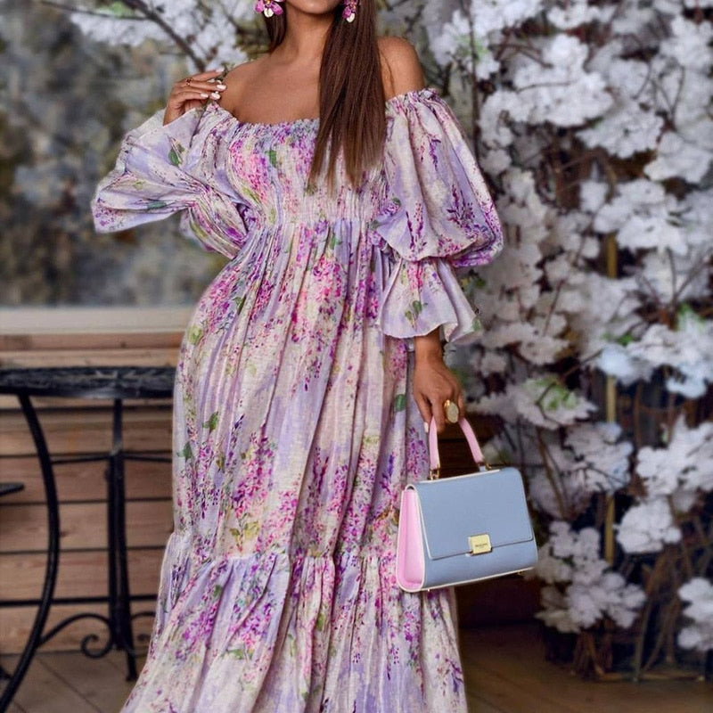 Retro Bohemian Printed Long Dress Women Casual One Neck Flare Sleeve Pleated Dress Ladies Fashion High Waist Slim Ruffle Dresses