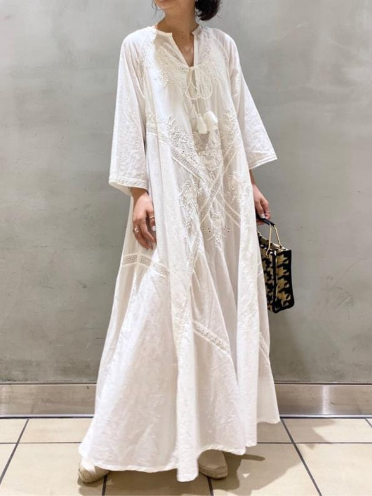 Women's Summer Dress White Lace V-Neck Long Beach Dress Elegant Dress