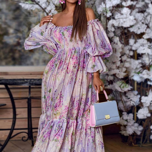 Retro Bohemian Printed Long Dress Women Casual One Neck Flare Sleeve Pleated Dress Ladies Fashion High Waist Slim Ruffle Dresses