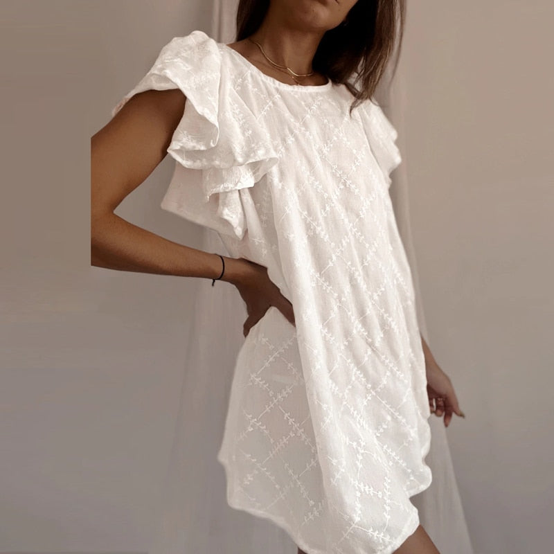 Women Ruffle Short Sleeve O-Neck Mini Dress Fashion White Embroidery Straight Dress