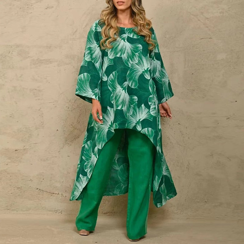 Women's Casual 2-Piece Solid Loose Suit with Long-Sleeve O-Neck Irregular Long Top and Straight Pants