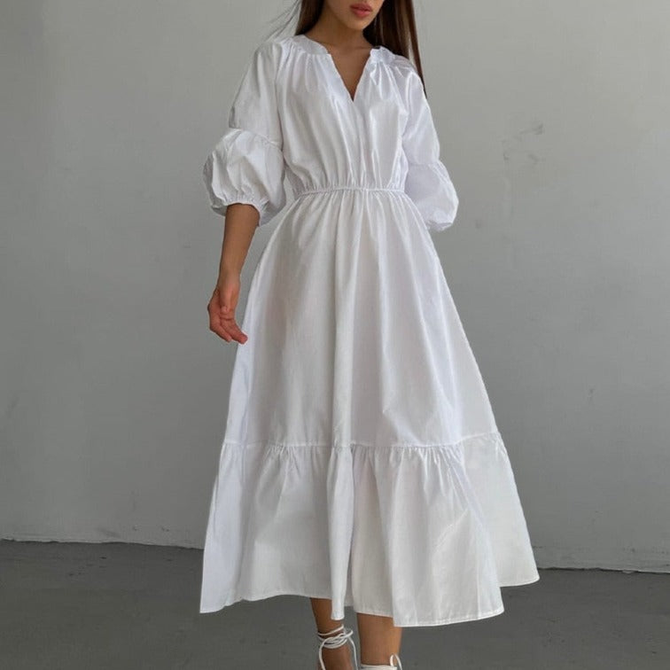 Womens Summer Mid Length Dress Puff Half Sleeve V-Neck Fashion Dress