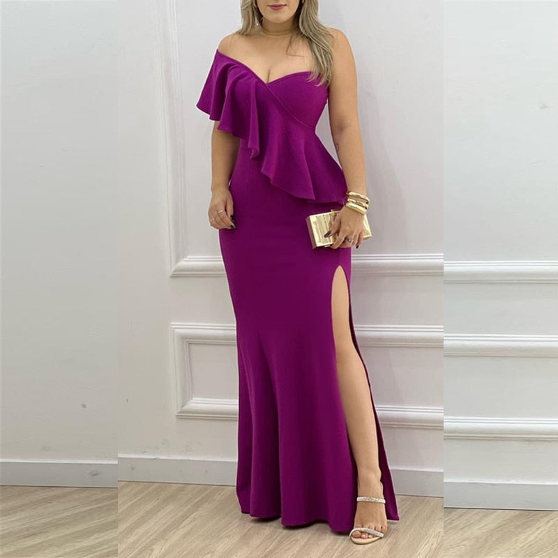 Women's Elegant Oblique Neck Backless Split Dress Fashion Solid One Shoulder Sleeveless Ruffle Dress Ladies Casual Slim Dresses