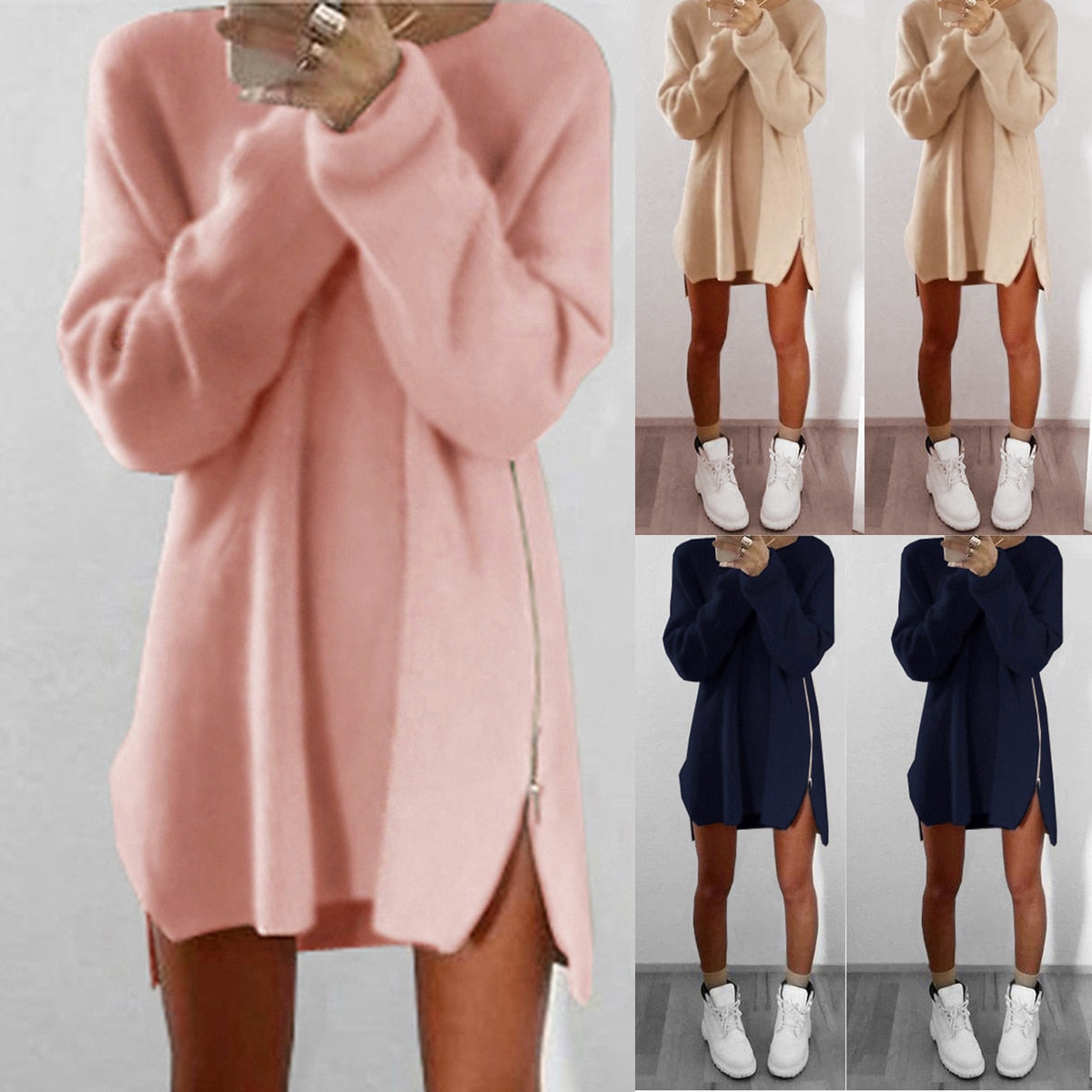 Women Long Sleeve Zippers Side Jumper Sweater Dress