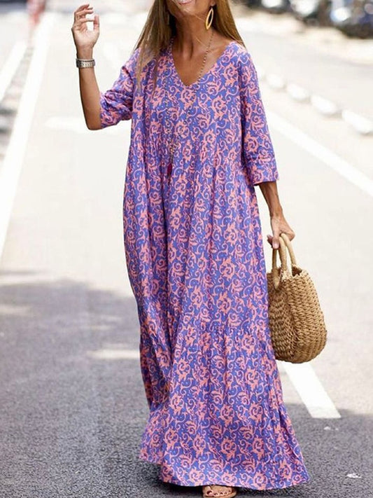 Printed Half Sleeve V-Neck Dress Loose Long Party Dresses Elegant Maxi Dress