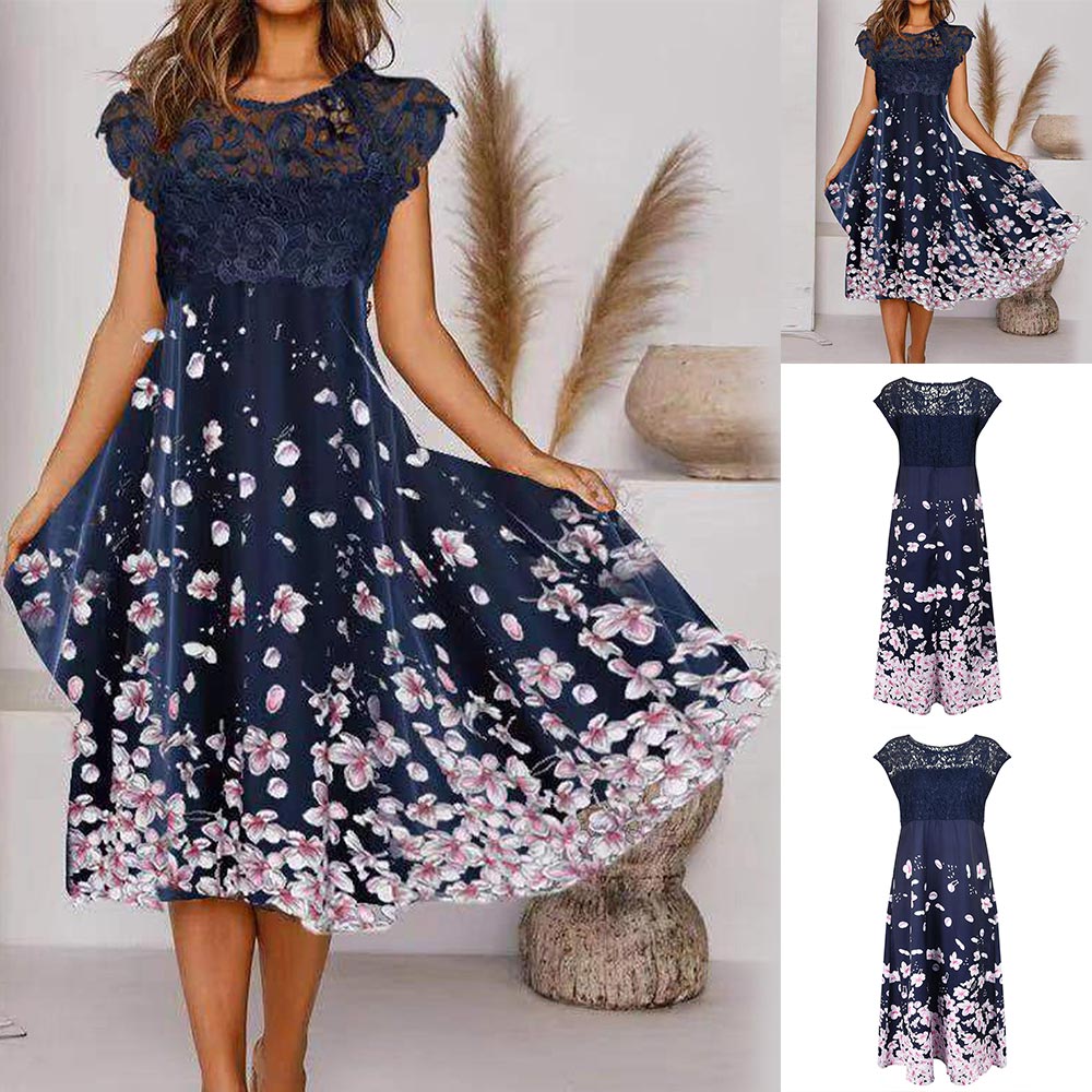 Women Summer Knee Length Printed Lace Floral Midi Dress