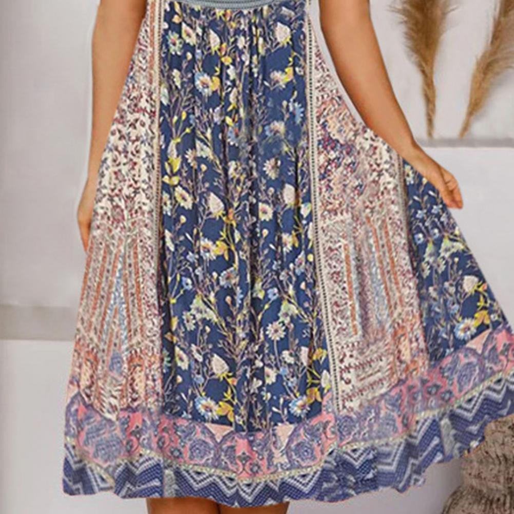 Women Dress Vintage Floral Print Splicing Design V-Neck Midi Dress