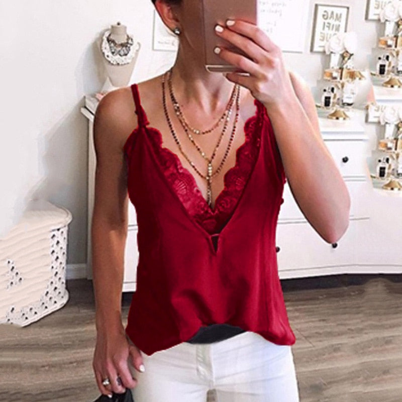 Women's Sexy Camisole V Neck Lace Tank Top Bottoming Shirt Vest