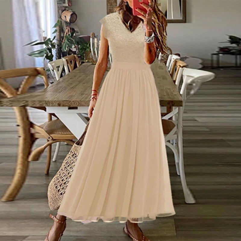 Women Sexy Lace Patchwork Waist Long Dress V-Neck Hollow DressHem Dresses