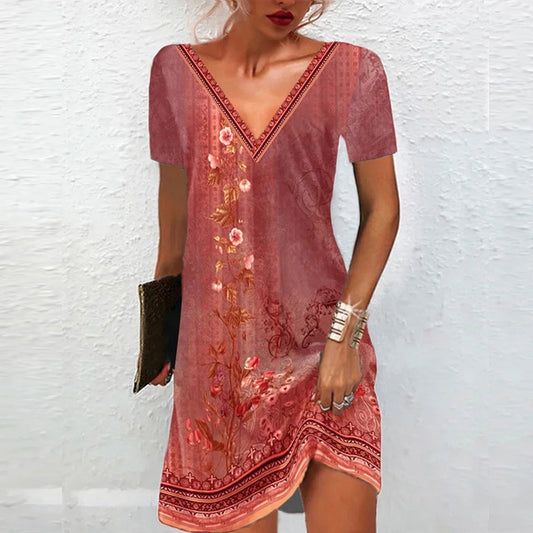 Women Sexy Deep V-neck Short Sleeve Loose Party Mini Dresses