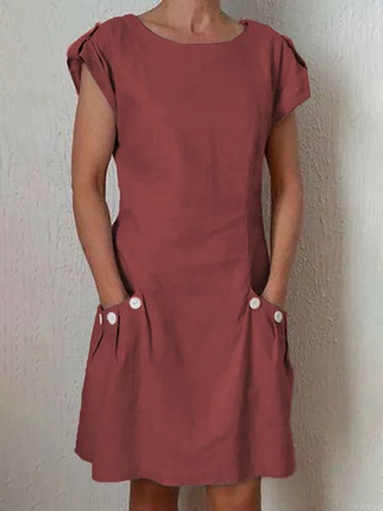 Women Solid Color Button Pocket Dress O Neck Short Sleeve Dress Lady Office Simple Loose A-Line Dresses