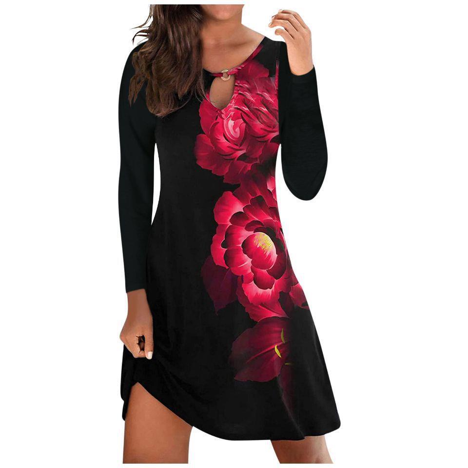 Women Vintage Ruffles Casual Full Long Sleeve Dress Large Big Hole Printed Party Dresses