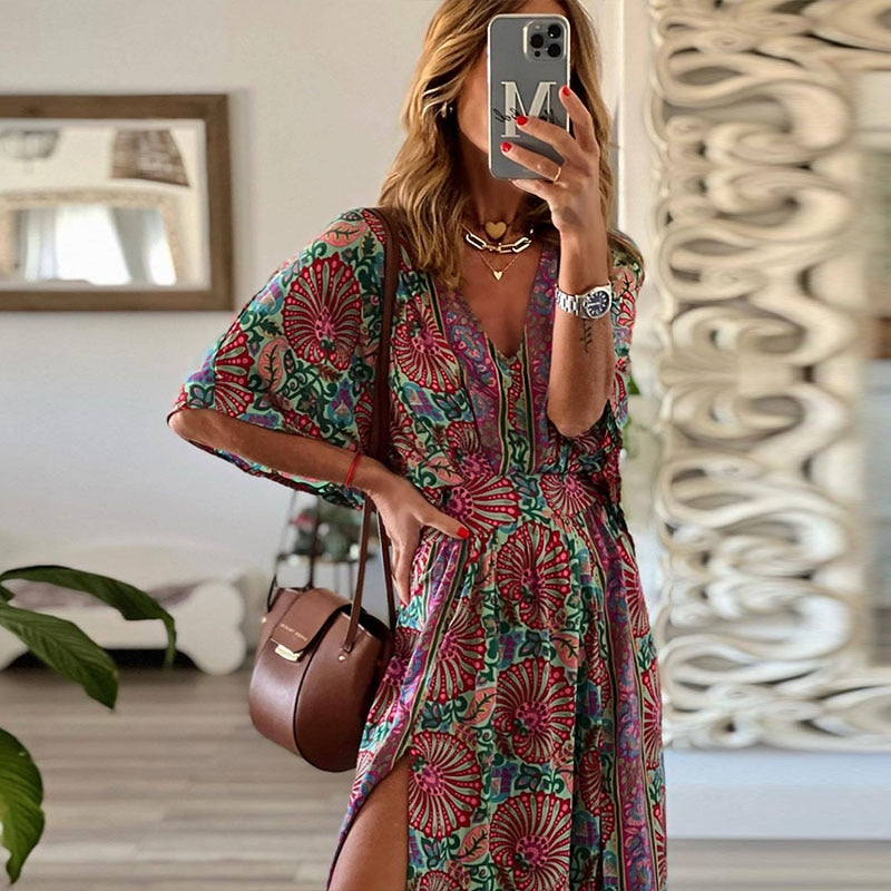 Women Hollow Out High Waist Slit Boho Dress Floral Print Pleated Beach Dress