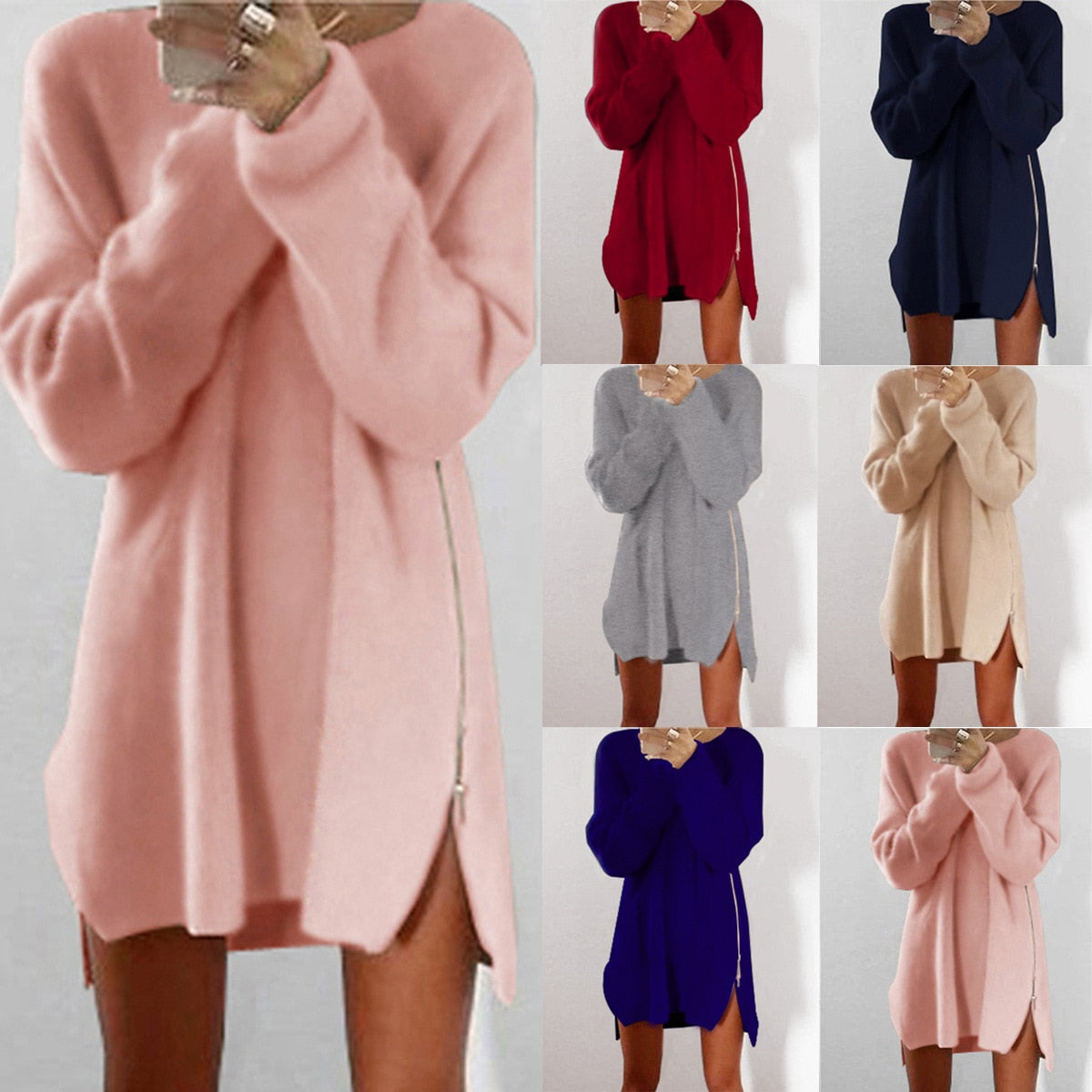 Women Long Sleeve Zippers Side Jumper Sweater Dress