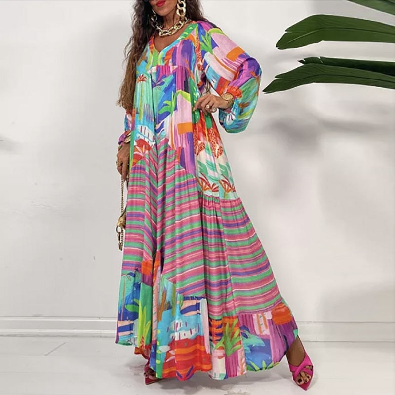 Retro Loose Boho Print Maxi Dress Casual V-Neck Long Sleeve Ladies Party Dress