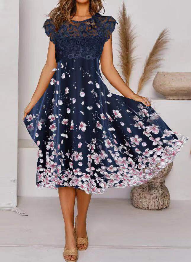 Women Summer Knee Length Printed Lace Floral Midi Dress