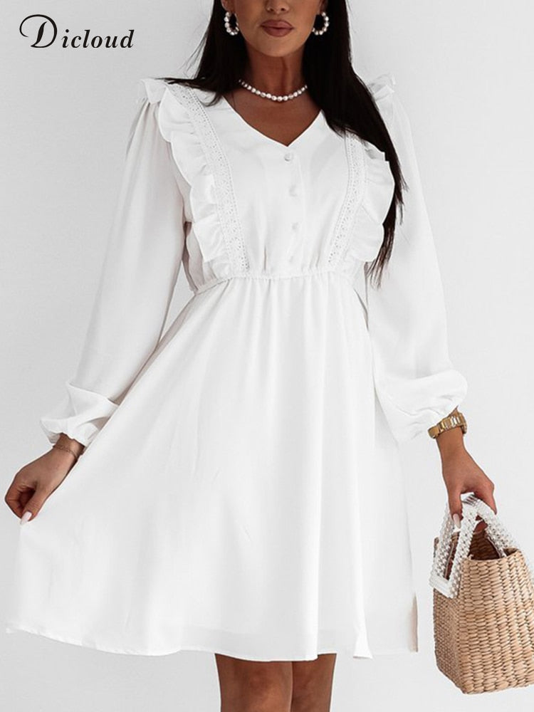 Women V-Neck Elegant Ruffle Long Sleeve Lace Up Party Dress