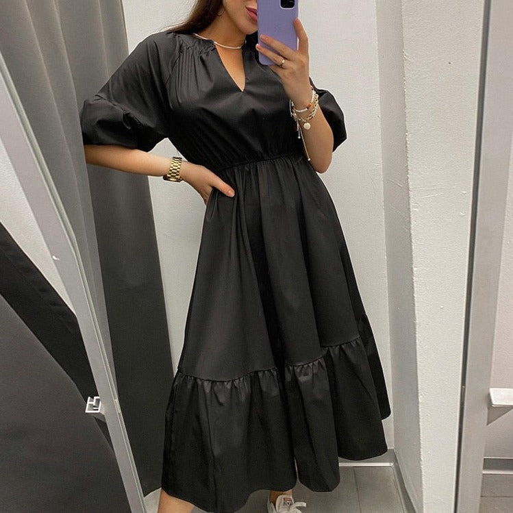 Womens Summer Mid Length Dress Puff Half Sleeve V-Neck Fashion Dress