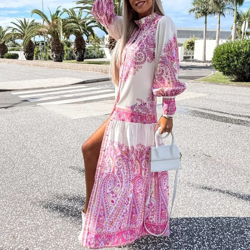 Women Long Sleeve Standing Neck Long Dress Button Shirt Dress Ladies Loose Bohemian Print Dresses