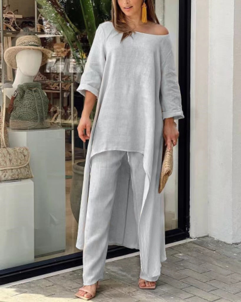 Women's Casual 2-Piece Solid Loose Suit with Long-Sleeve O-Neck Irregular Long Top and Straight Pants