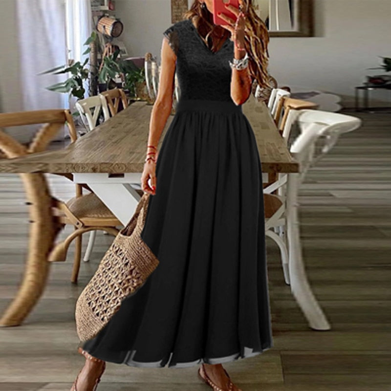 Women Sexy Lace Patchwork Waist Long Dress V-Neck Hollow DressHem Dresses