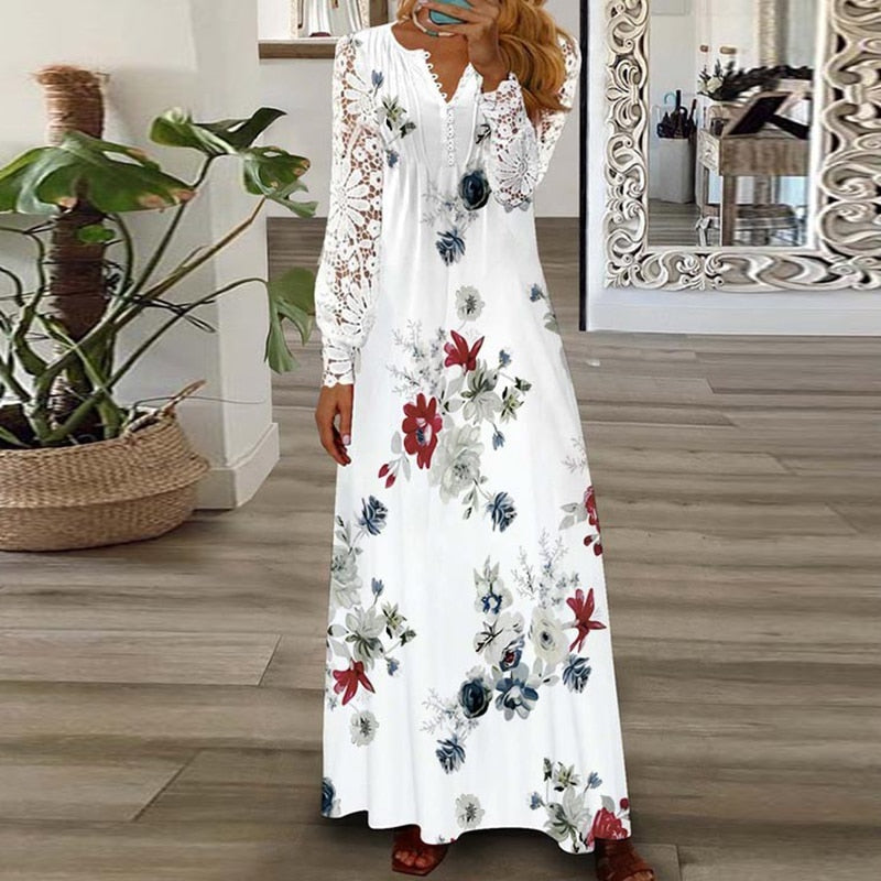 Women's Long Dress with Pattern Printing, Casual Style V-Neckline, Loose Fit