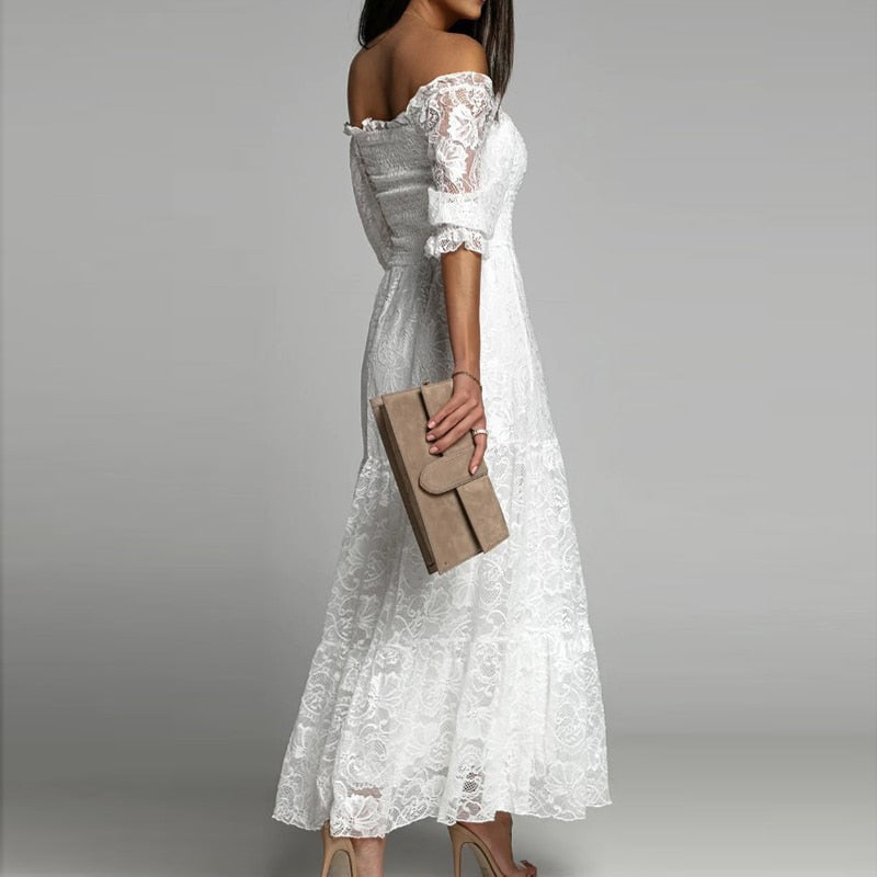 Women Elegant Half-sleeve One Piece Collar Dress Fashion White Lace Embroidery Ruffle Dress Ladies Casual Commuter Slim Dresses