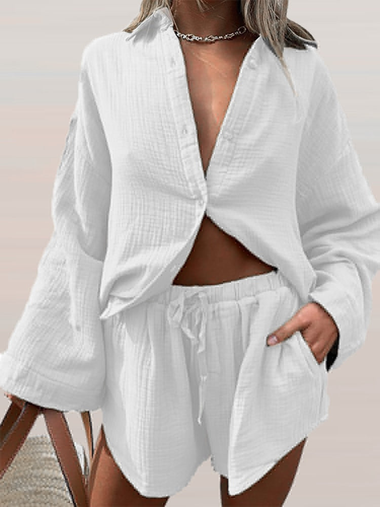 Women's Casual 2-Piece Solid Pocket Suit Single-Breasted Cardigan Shirt and Elastic-Waist Shorts
